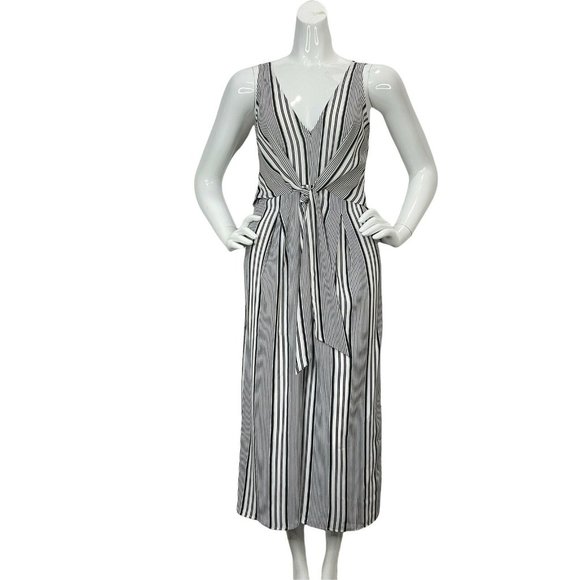 Blue Blush Pants - Blue Blush Jumpsuit Womens Size L Black Striped Front Tie Wide Leg Crop Nwt $46